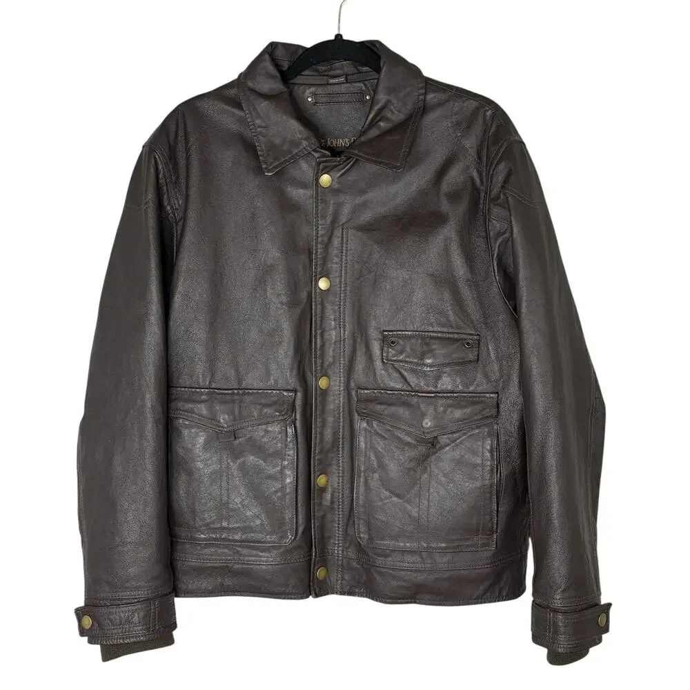 Vintage 90s St. John’s Bay Leather Jacket Bomber Flight Brown Grunge Mens M